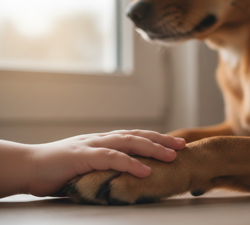 Mano De Una Niña Pequeña Acariciado La Pata De Un Perro De Intervenciones Asistidas Oncología Pediátrica Iaa